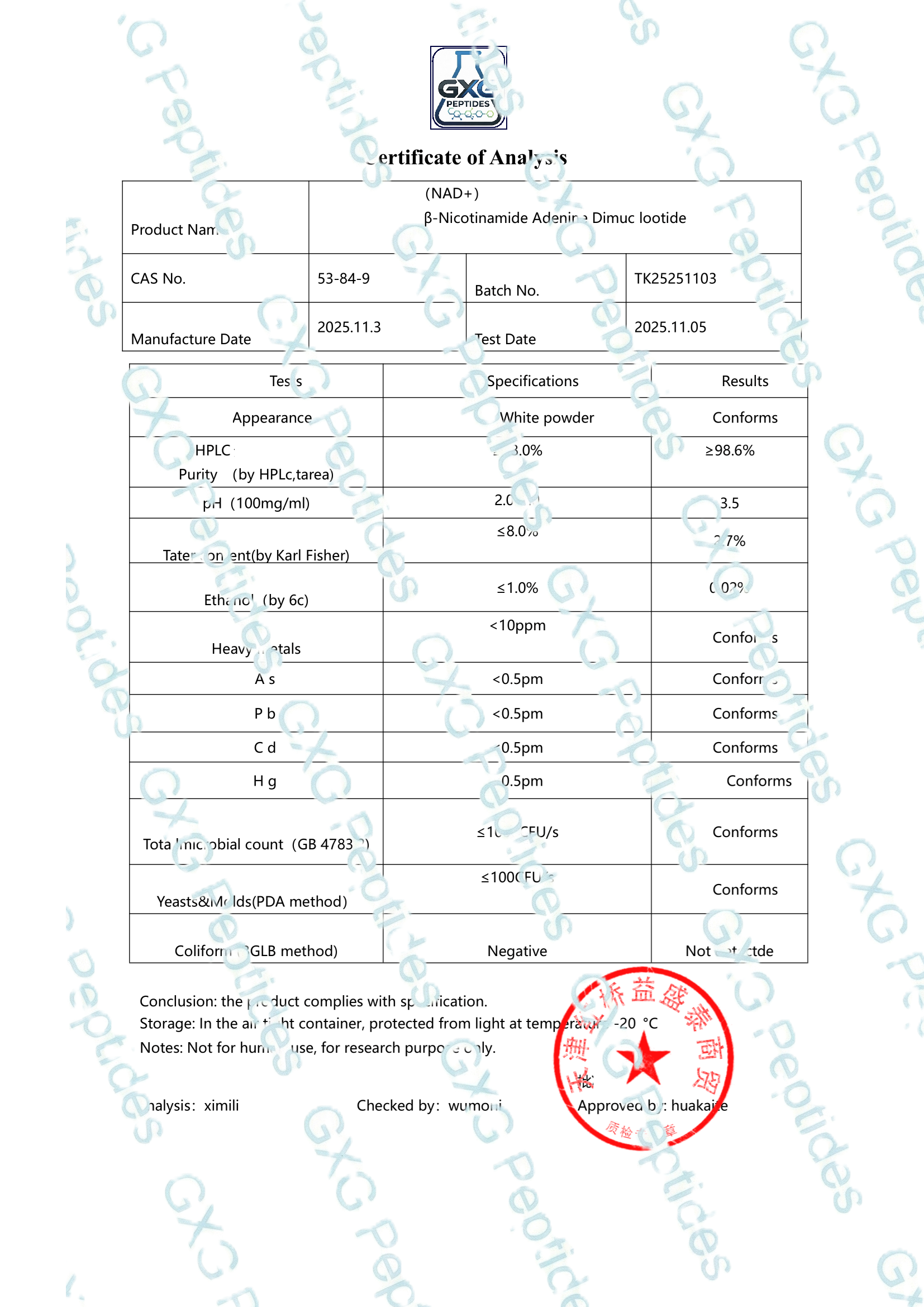 Certificate of analysis for NAD+