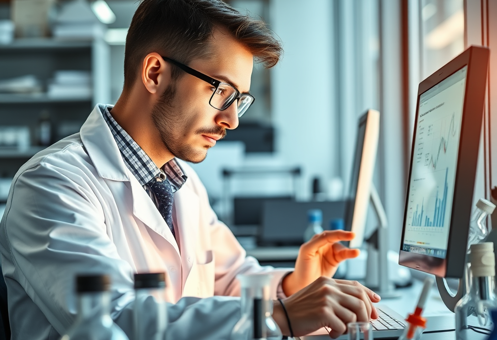 Scientist working at computer desk.