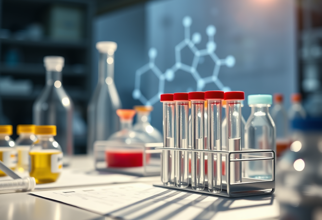 Laboratory setup with test tubes and vials.