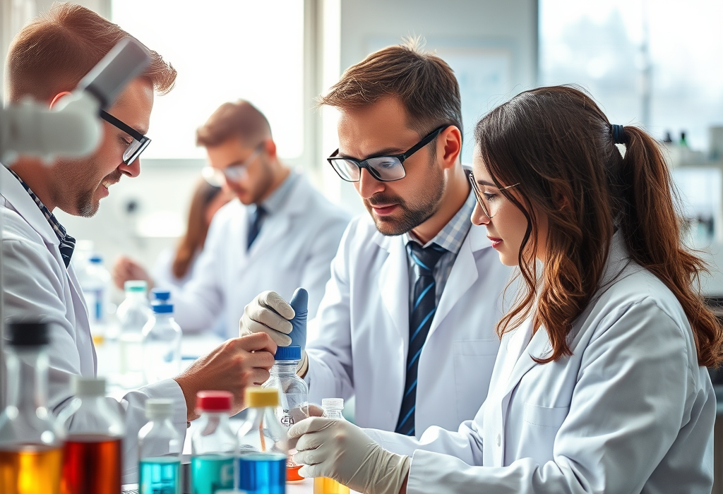 Scientists collaborating in laboratory setting.