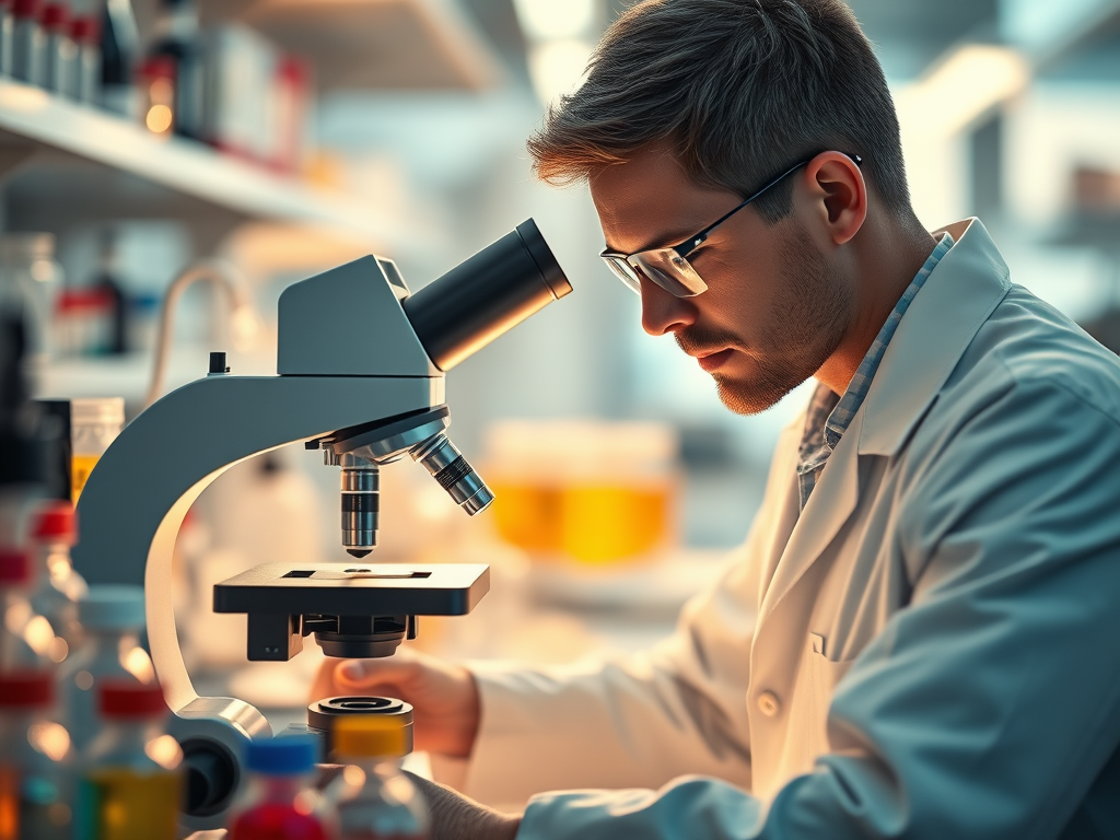 Scientist examining samples with microscope.
