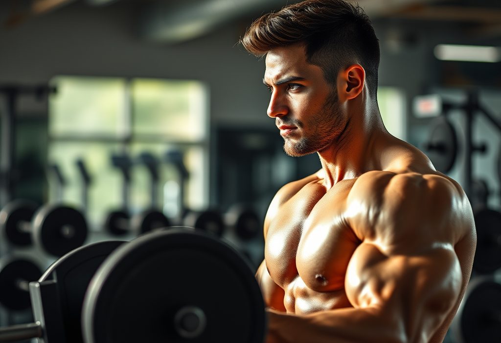 Muscular person lifting weights indoors.