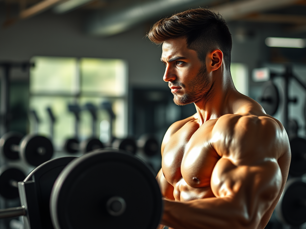 Muscular person lifting weights indoors.