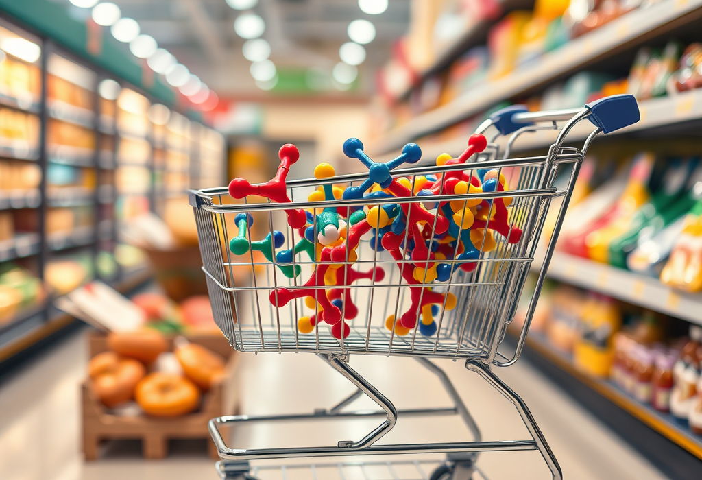 Shopping cart filled with colorful molecules.